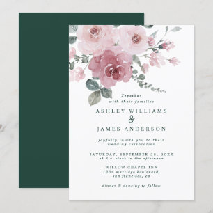 Floral Dusty Pink Rose Dark Green Wedding Invitation