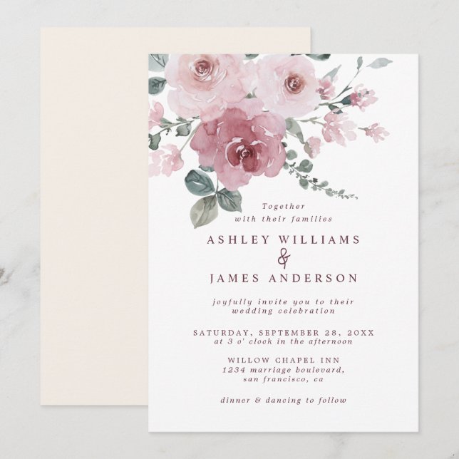 Floral Dusty Pink Rose Ivory Wedding Invitation (Front/Back)