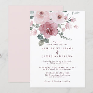 Floral Dusty Pink Rose Ivory Wedding Invitation