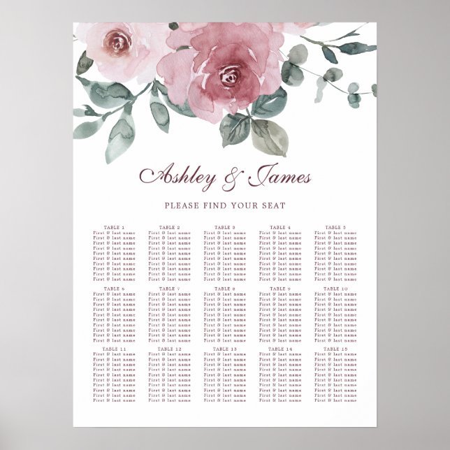 Floral Dusty Pink Rose Wedding Seating Chart (Front)