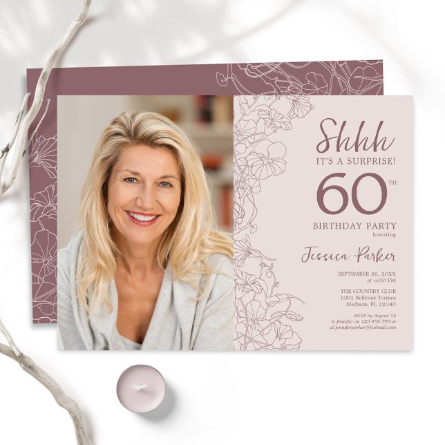 Floral Dusty Pink Surprise Photo 60th Birthday Invitation (Creator Uploaded)