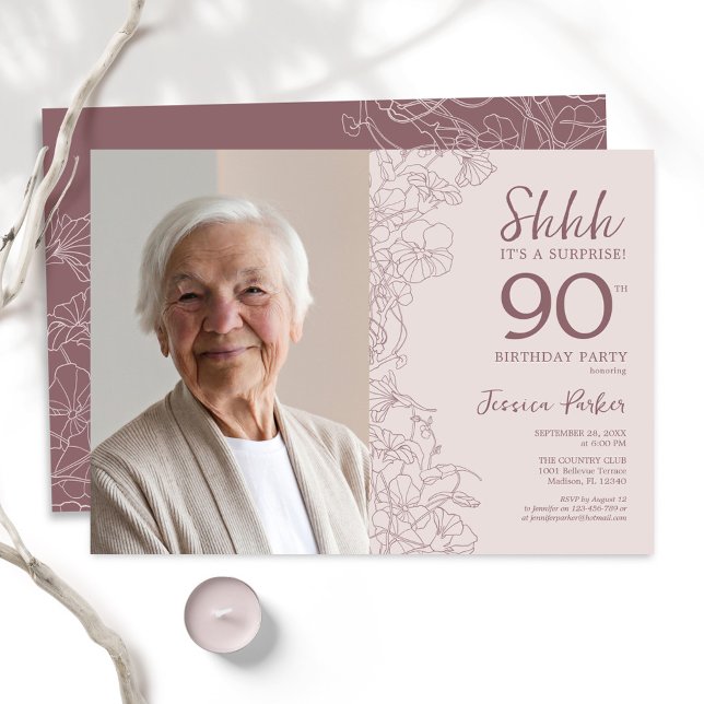 Floral Dusty Pink Surprise Photo 90th Birthday Invitation (Creator Uploaded)