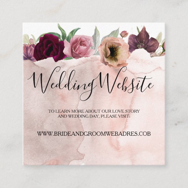 Floral Dusty Rose and Burgundy Wedding Website Enclosure Card (Front)