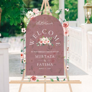 Floral Dusty Rose Arch Muslim Wedding Welcome Acrylic Sign