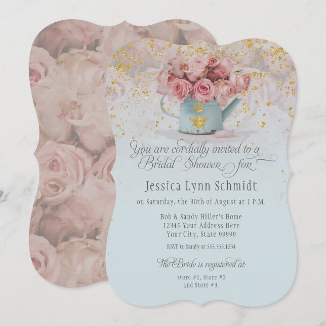  Floral Dusty Rose Bee Gold Blue Bridal Shower Invitation (Front/Back)