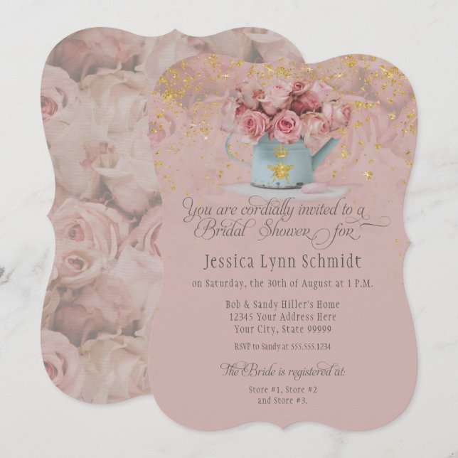  Floral Dusty Rose Bee Gold Glitter Bridal Shower Invitation (Front/Back)