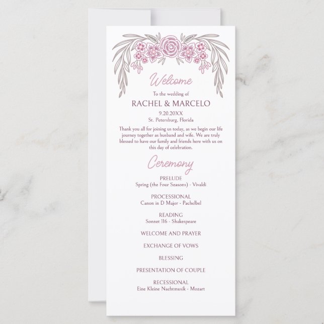 Floral Dusty Rose Blush Burgundy Wedding Program (Front)