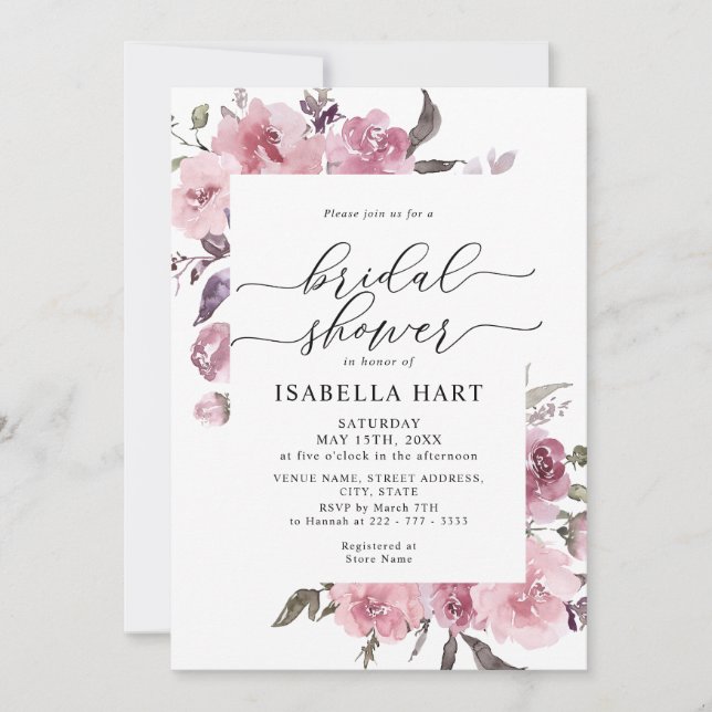 Floral Dusty Rose Blush Pink Flowers Bridal Shower Invitation (Front)