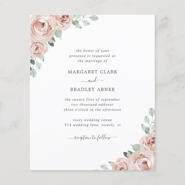Floral Dusty Rose Budget Wedding Invitation Flyer (Front)
