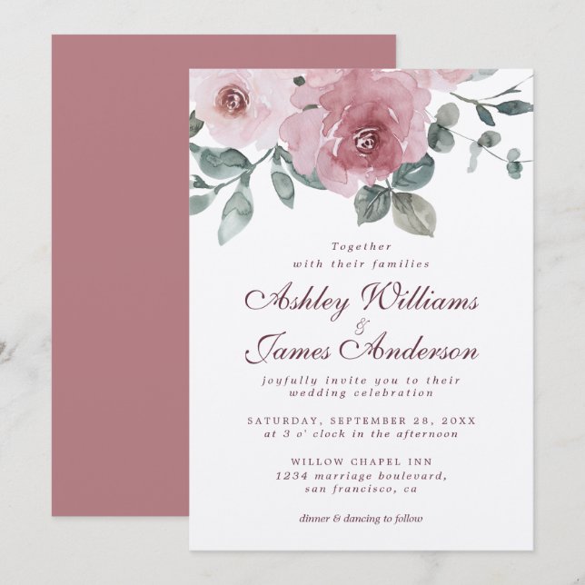 Floral Dusty Rose Burgundy Wedding Invitation (Front/Back)