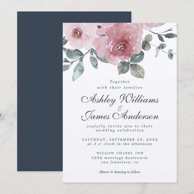 Floral Dusty Rose Dark Blue Wedding Invitation (Front/Back)