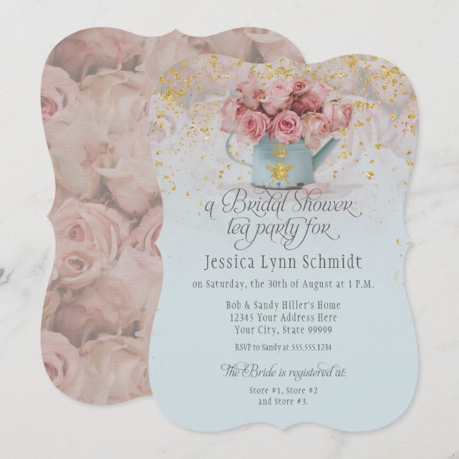  Floral Dusty Rose Gold Blue Bridal Shower Tea Invitation (Front/Back)