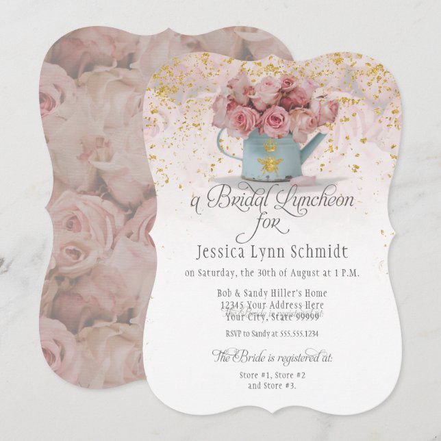  Floral Dusty Rose Gold Elegant Bridal Luncheon Invitation (Front/Back)
