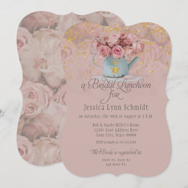  Floral Dusty Rose Gold Glitter Bridal Luncheon Invitation (Front/Back)