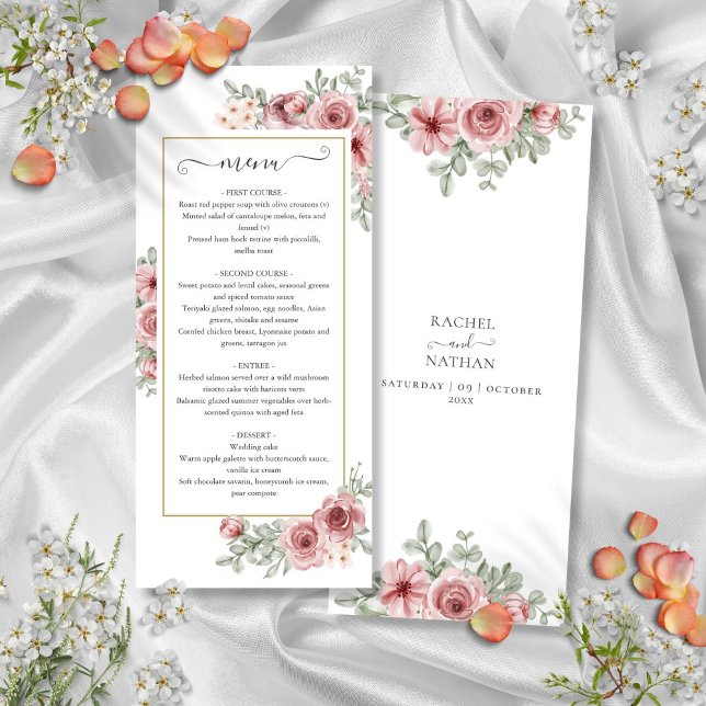Floral Dusty Rose Gold Wedding Dinner Menu (Floral Dusty Rose Gold Wedding Dinner Menu)