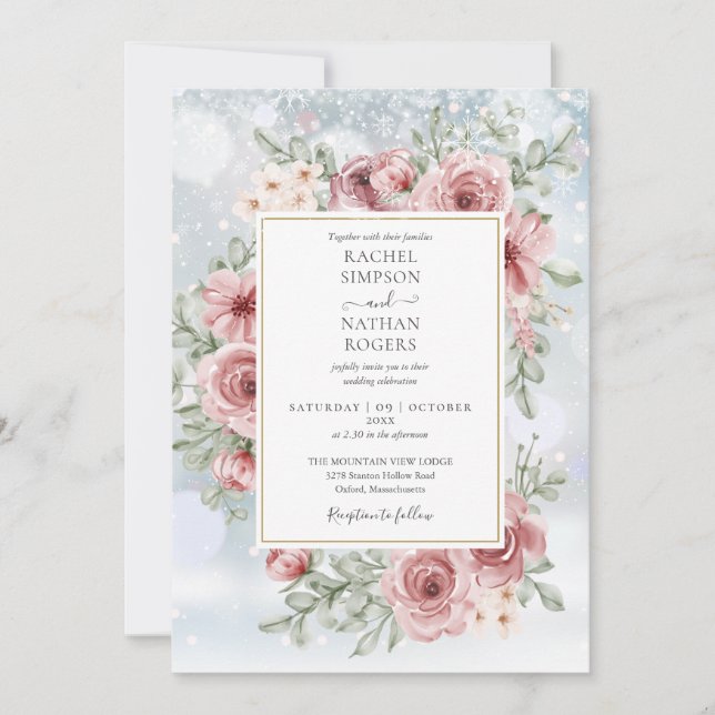 Floral Dusty Rose Gold Winter Wedding Invitation (Front)
