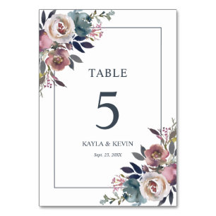 Floral Dusty Rose Mauve Navy Blue Wedding Table Number