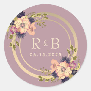Floral Dusty Rose Monogram Wedding Classic Round Sticker