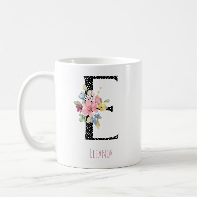 Floral E Monogram Name Black Polka Dot Coffee Mug (Left)