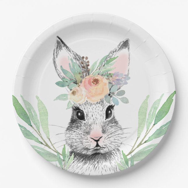 Floral Easter Bunny Paper Plate (Front)