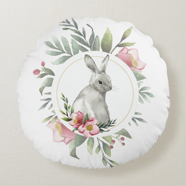 Floral Easter Bunny Round Cushion (Front)