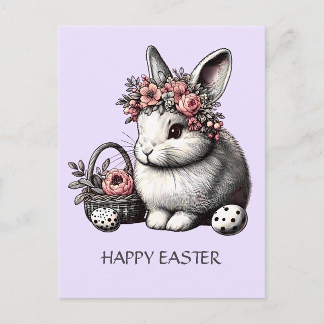  Floral Easter Bunny Thainking of you Lavender Holiday Postcard (Front)