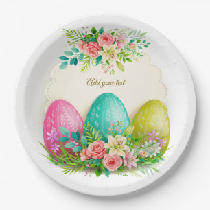Floral Easter Eggs & Pink Roses Personalised Party Paper Plate