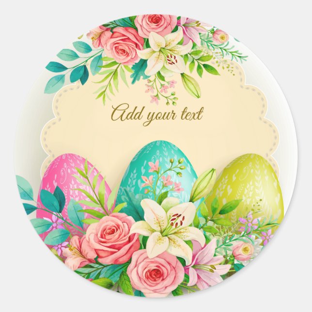 Floral Easter Eggs & Spring Roses Personalised Classic Round Sticker (Front)