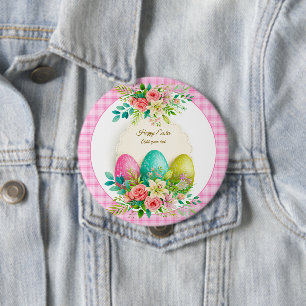 Floral Easter Eggs & Watercolor Pink Roses 10 Cm Round Badge