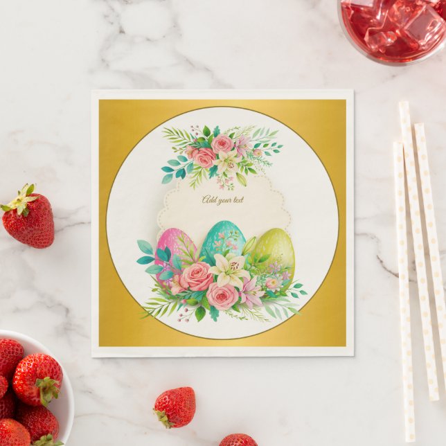 Floral Easter Eggs & Watercolor Pink Roses Napkin (Insitu)