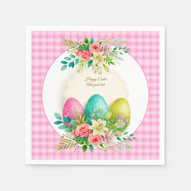 Floral Easter Eggs & Watercolor Pink Roses Napkin (Front)