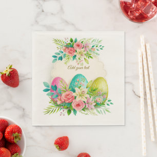 Floral Easter Eggs & Watercolor Pink Roses Napkin