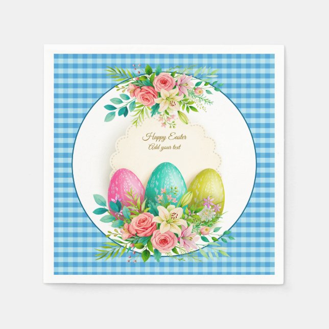 Floral Easter Eggs & Watercolor Pink Roses Napkin (Front)