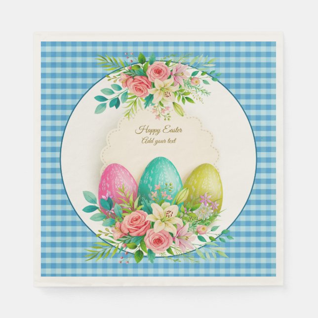 Floral Easter Eggs & Watercolor Pink Roses Napkin (Front)