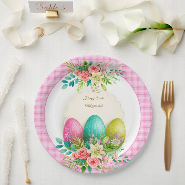 Floral Easter Eggs & Watercolor Pink Roses Paper Plate (Wedding)