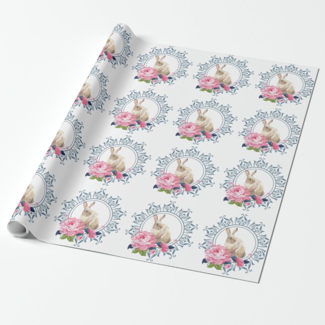 Floral Easter Rabbit design Wrapping Paper (Unrolled)