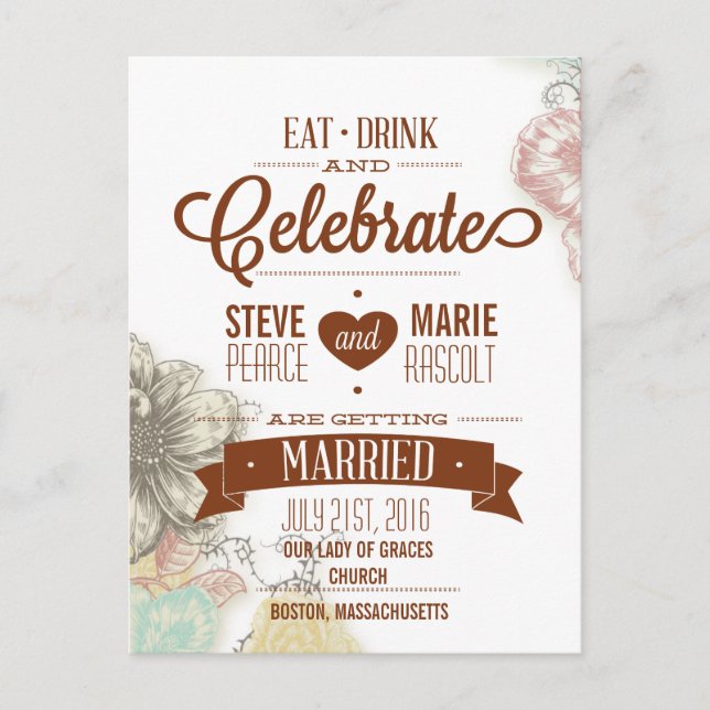 Floral Eat, Drink and Celebrate Save the Date Card (Front)