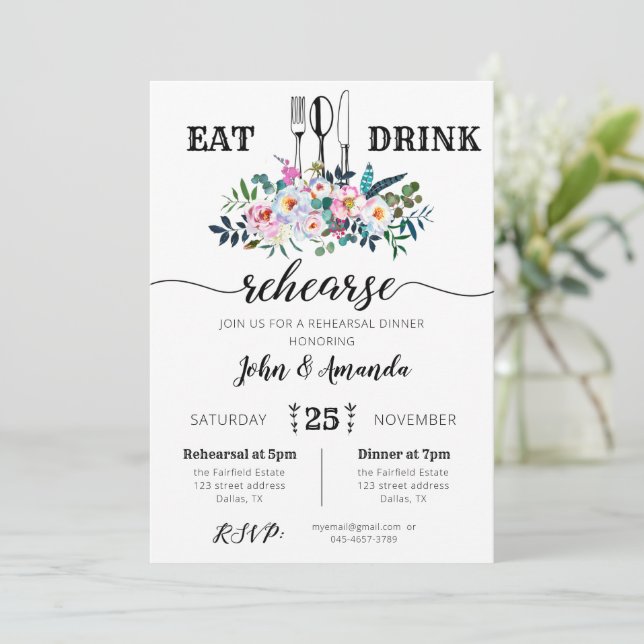 Floral Eat & Drink Rehearsal Dinner Invitation (Standing Front)
