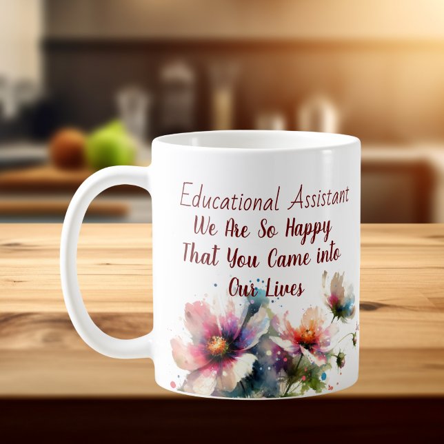 Floral Educational Assistant pink blue Personalise Coffee Mug (Customize , change the template wording to your own or order as is. Front view)