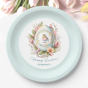 Floral Egg Blue Family Name Easter Brunch Paper Plate