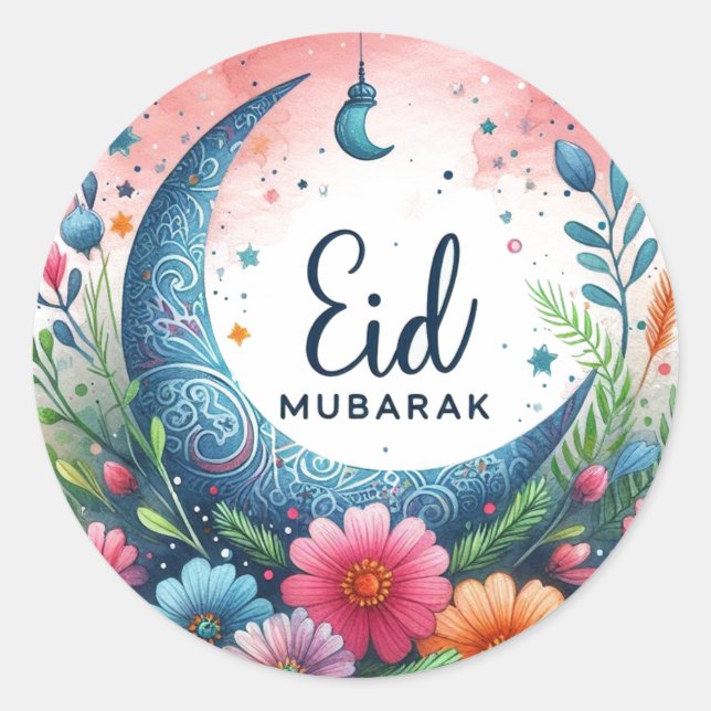 Floral Eid Mibarak Classic Round Sticker (Front)