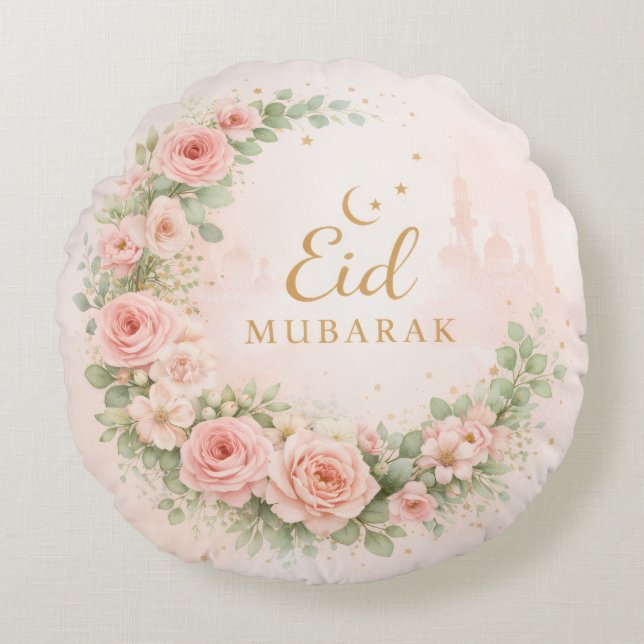 Floral Eid Mubarak – Blush Pink Islamic Gift f Round Cushion (Front)
