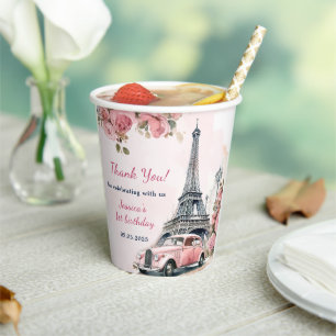 Floral Eiffel Tower Paris 1st Birthday Paper Cups