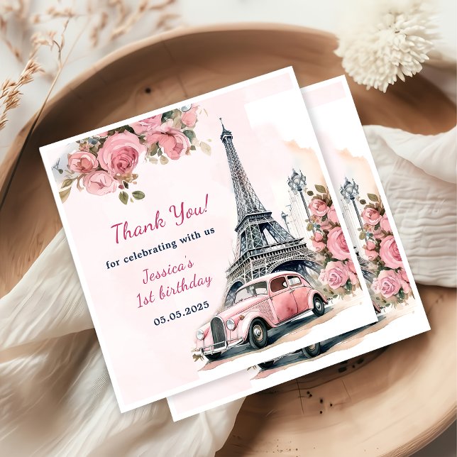 Floral Eiffel Tower Paris 1st Birthday Party Napkin (Creator Uploaded)