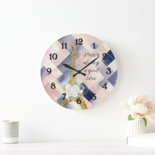 Floral Eiffel Tower Paris is Always A Good Idea Large Clock