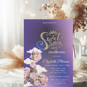 Floral Eiffel Tower Violet Sweet 16 Invitation