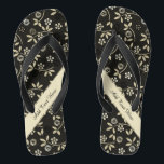 Floral Elegance Flip Flops - Customise<br><div class="desc">Lovely floral leaves theme in delicate light gold pattern over black with diagonal light gold stripe. These flip flop sandals have text areas ready for you to customise or delete.</div>