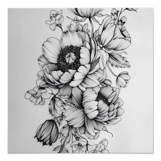 Floral elegance in black and white poster (Front)