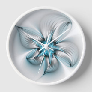 Floral Elegance Modern Abstract Blue Fractal Art Clock