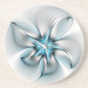 Floral Elegance Modern Abstract Blue Fractal Art Coaster
